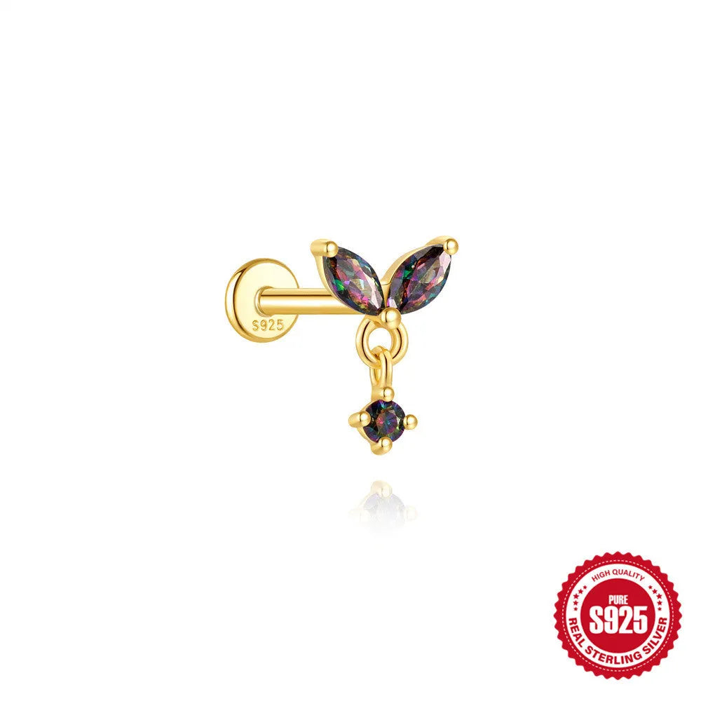 S925 sterling silver thread piercing earring with super shiny rainbow stone flat head in single gold colour.