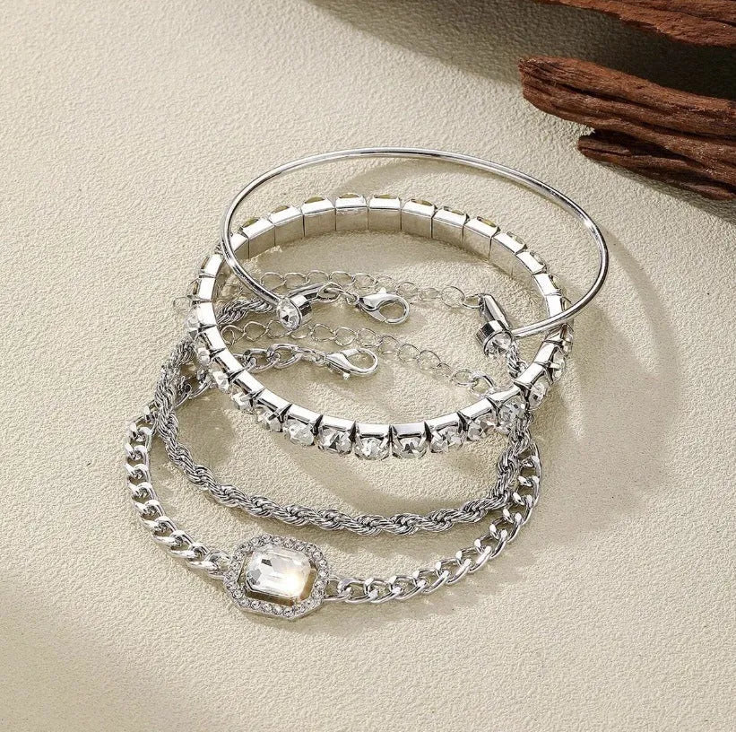 Women's retro geometric metal bracelet four-piece set in gold alloy with square diamond design