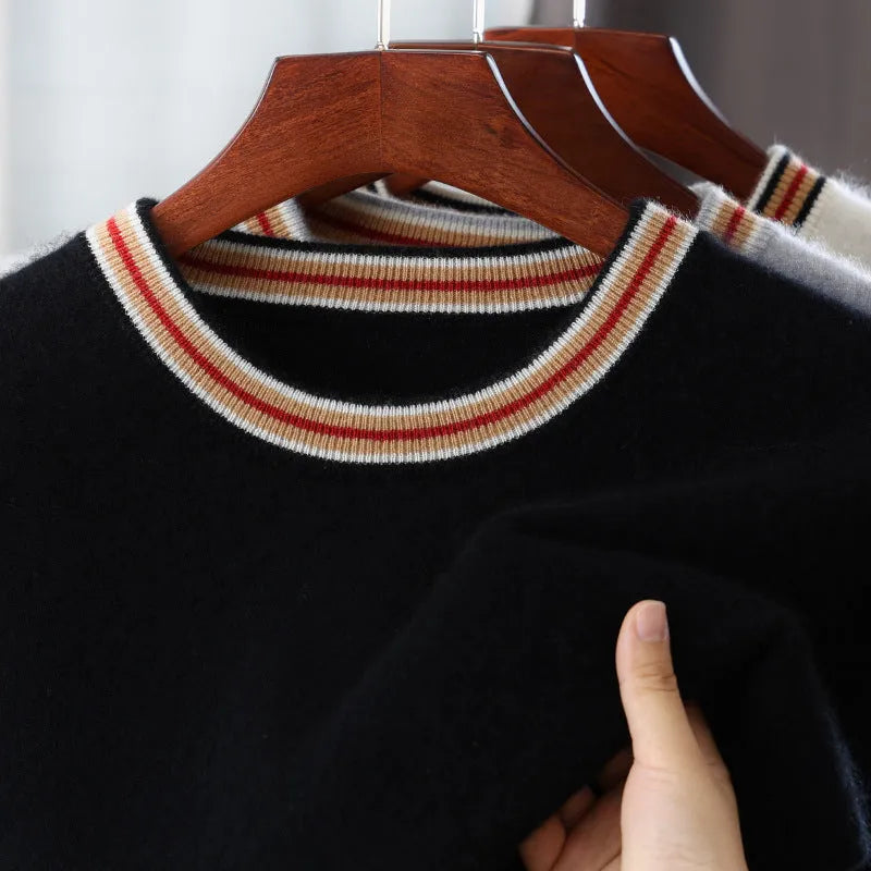 Men's white pure wool short sleeve round neck pullover sweater laid flat