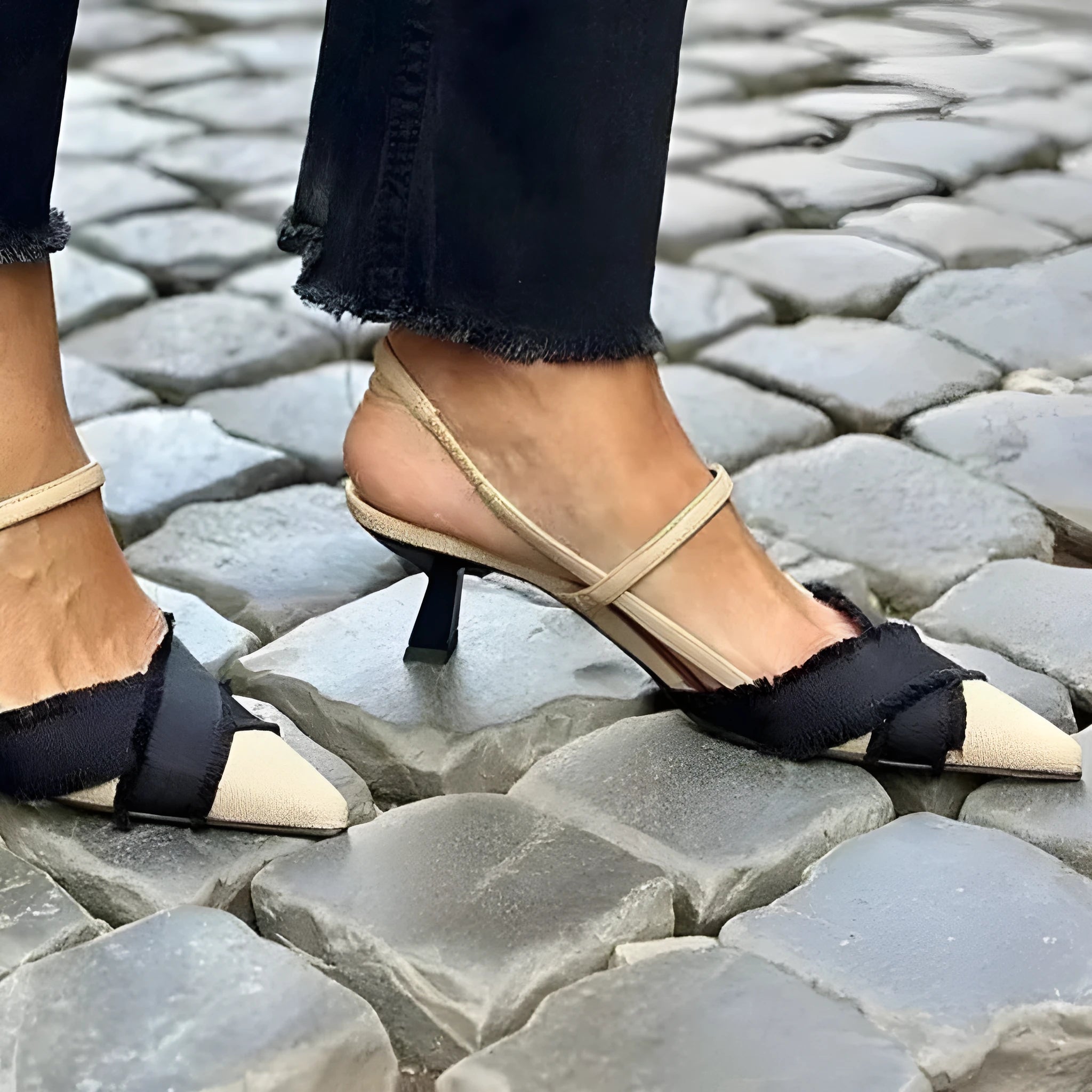 Women's apricot black colour block pointed sandals with stiletto heels and buckle fastening.