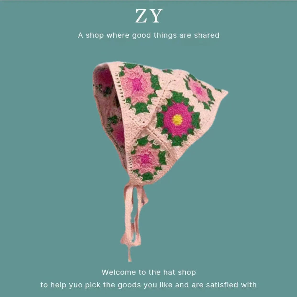 Cotton triangular headscarf with French retro floral pattern in multiple colour options