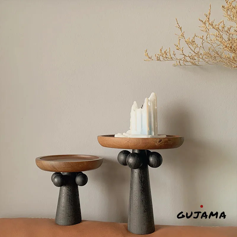 Nordic high-legged round wooden tray for candles and home decor in natural wood colours