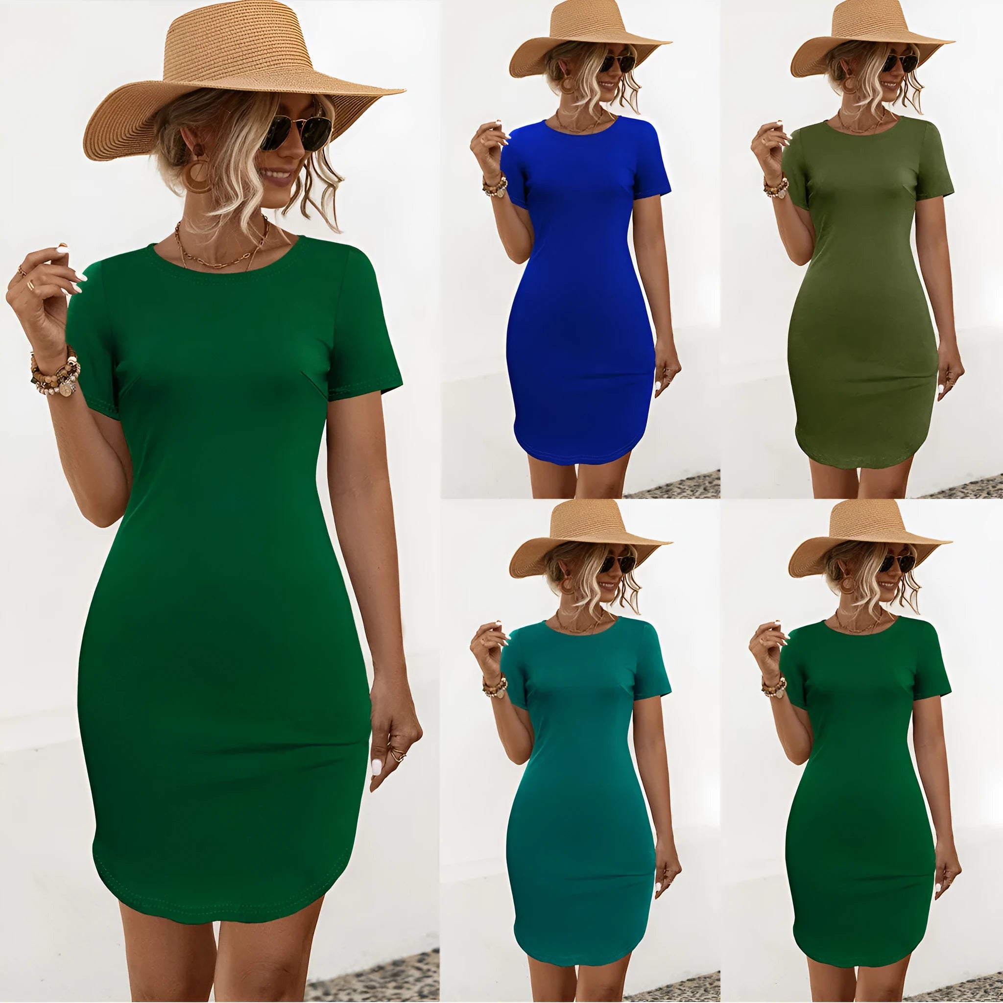 Women's slim fit short sleeve dress with U-shaped split in solid dark green colour, cotton blend material.