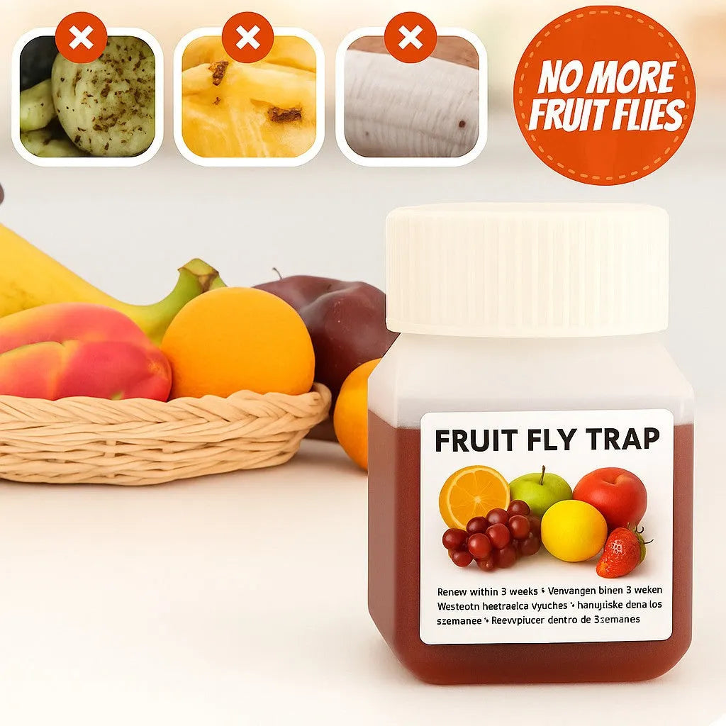 Bottle of SK003 fruit fly bait liquid with optional funnel for placement.