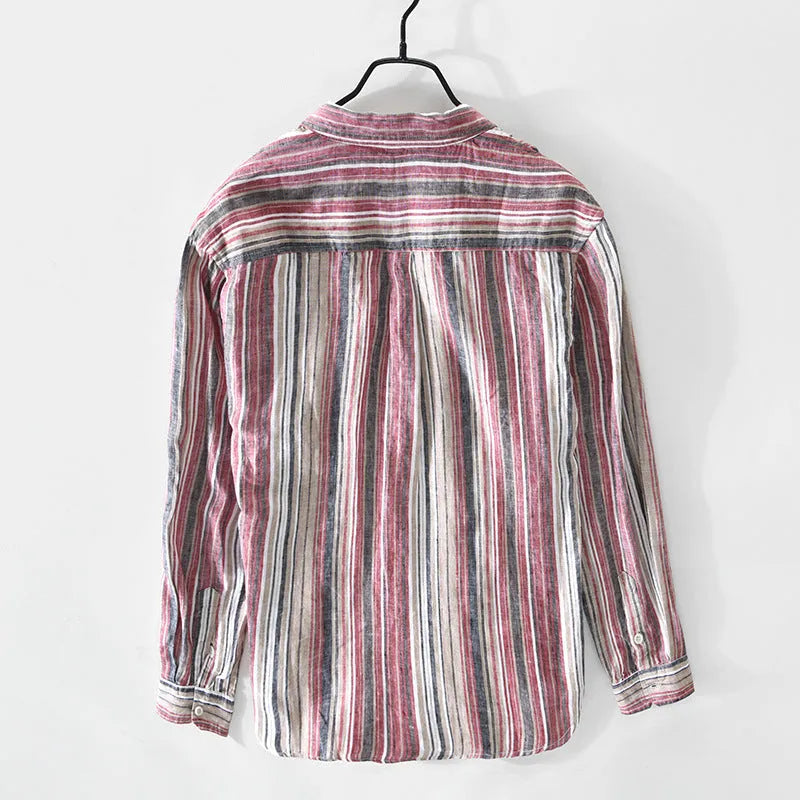Men's casual linen striped shirt in loose fit with long sleeves available in red or grey colours