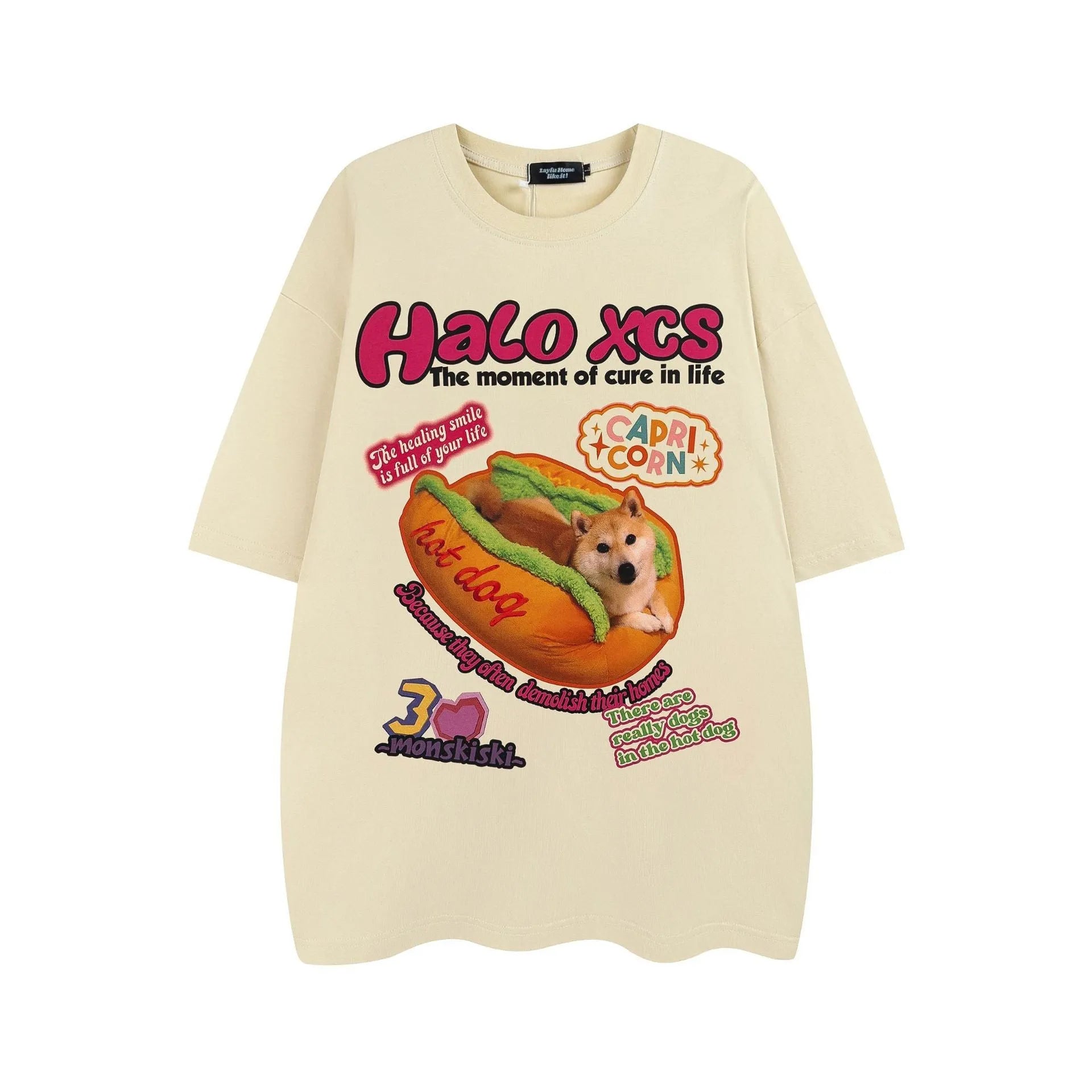 Loose fit white cotton T-shirt with a cartoon hamburger dog print on the front.