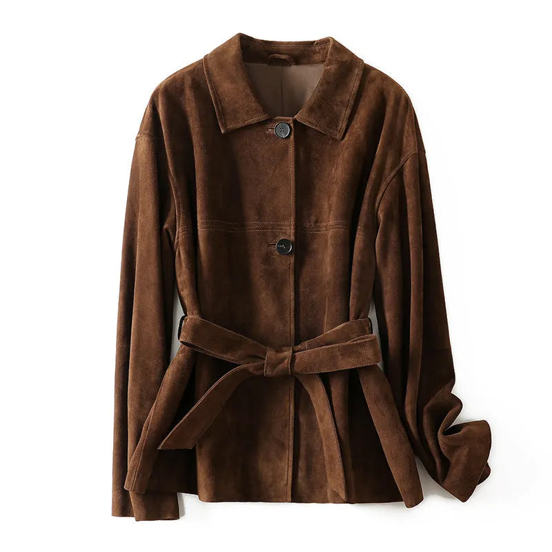 Women's caramel mocha cashmere coat with Peter Pan collar and leather belt in art retro style