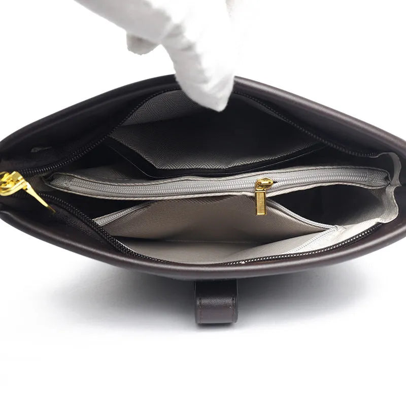 Korean style black PU bucket shoulder messenger bag showing internal organisation compartments