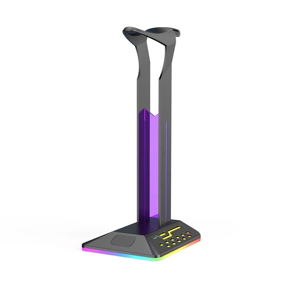 Acrylic RGB headset display stand with dual USB ports and colour-changing lights, holding a pair of headphones.