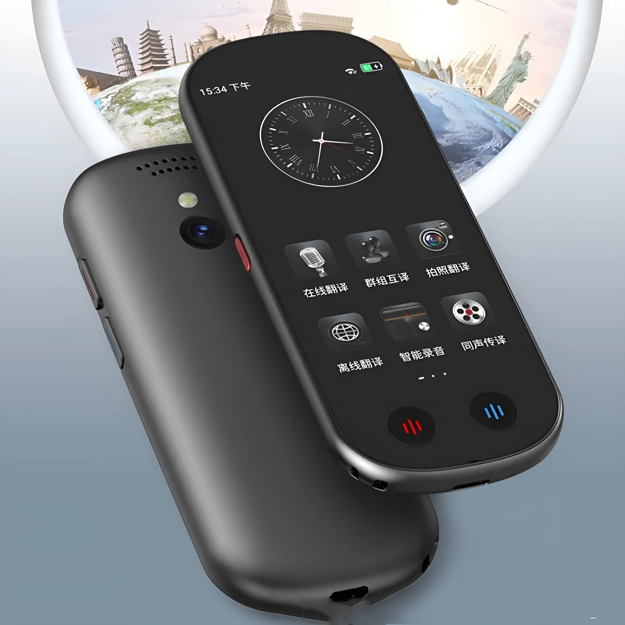 Black multi-language simultaneous interpretation translator device with lanyard for business and travel use