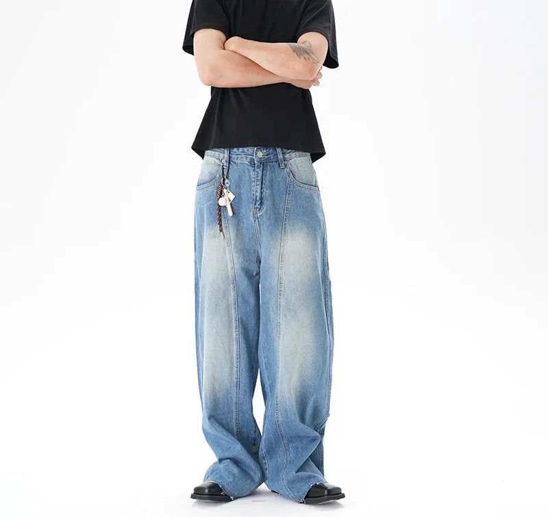 Light blue vintage washed wide leg jeans with zipper closure on mannequin