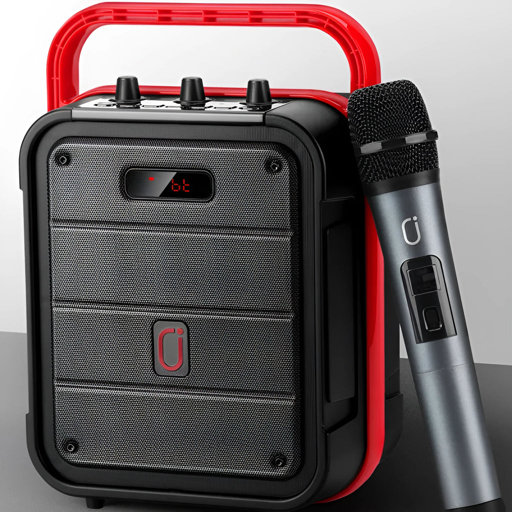 Black MS62AI portable Bluetooth speaker with wireless microphone and remote control