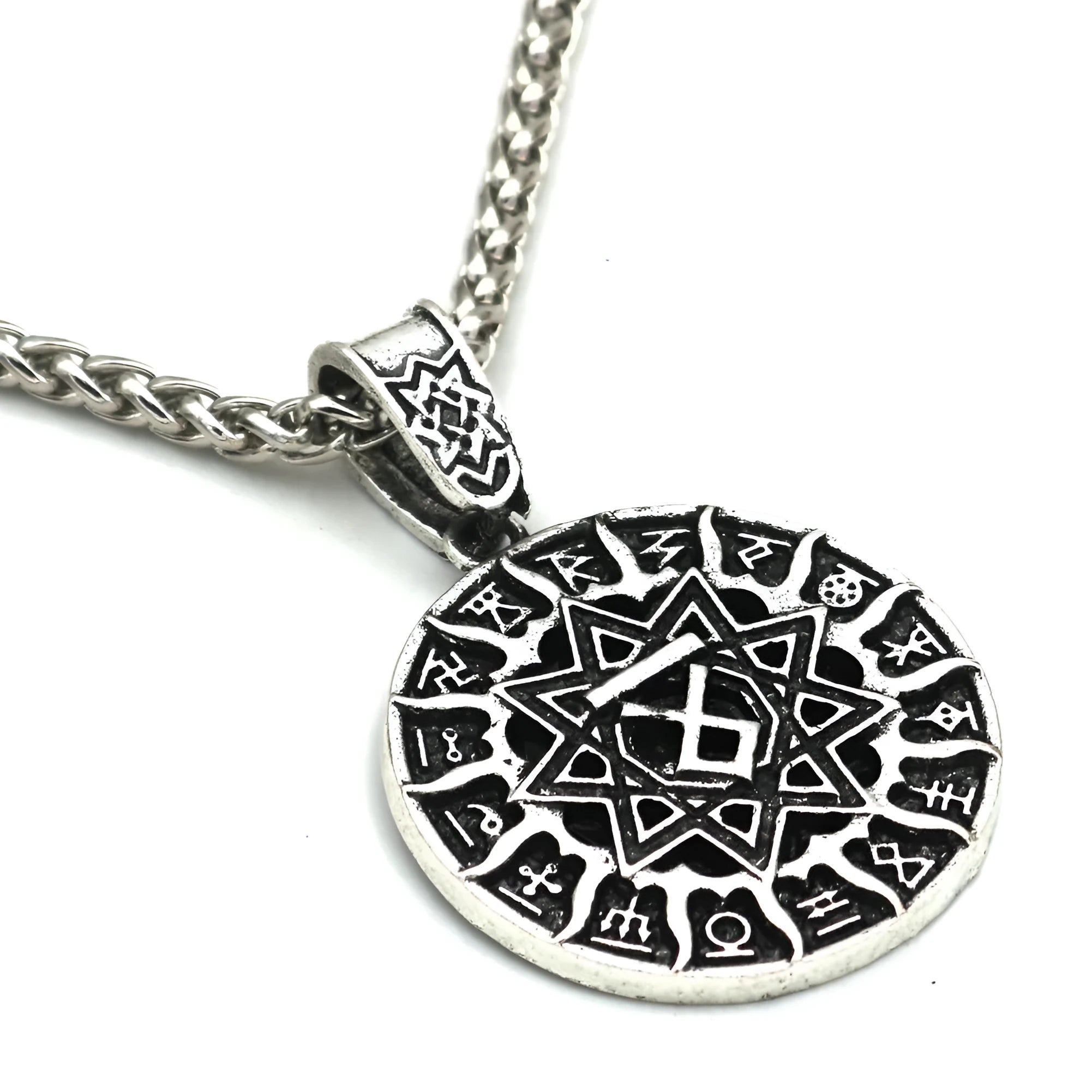 Lunavin ODing text pendant necklace with antique silver chain and leather rope options on display