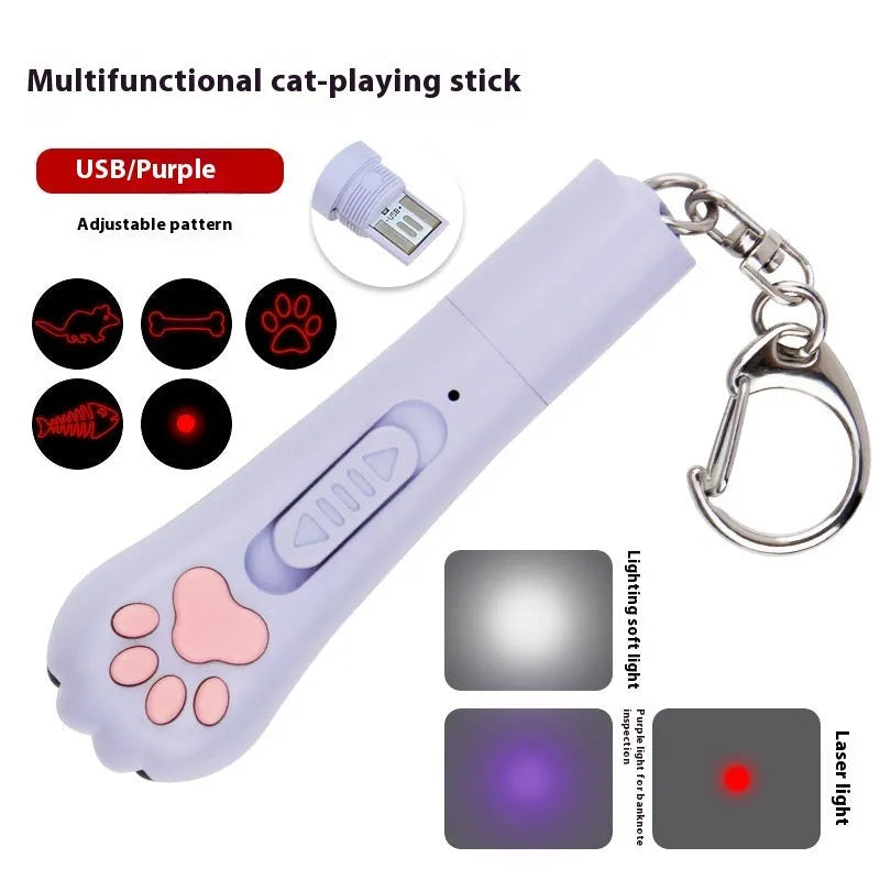 Colourful plastic cat tease wand with laser patterns and removable footprint tip for indoor pet play