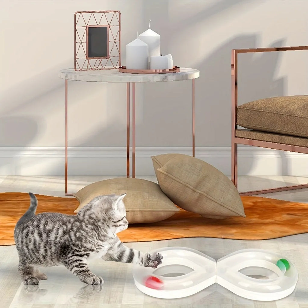 Blue interactive cat toy with turntable track ball system and teasing stick for self-play and owner interaction