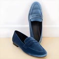 Blue leisure flat suede loafers with round toe and black rubber sole