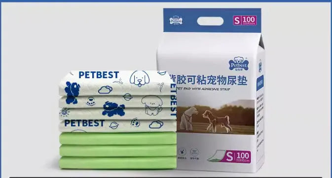Pack of thickened dog urine pads showing size comparison between S, M, L and XL options