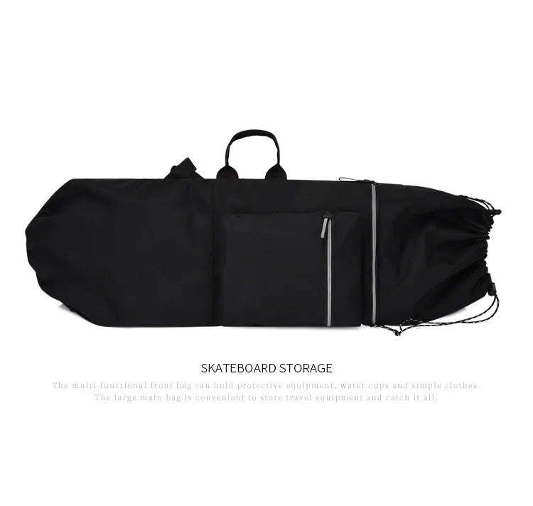 Waterproof nylon skateboard backpack in camouflage, showing large capacity for fishing rods and sports gear.