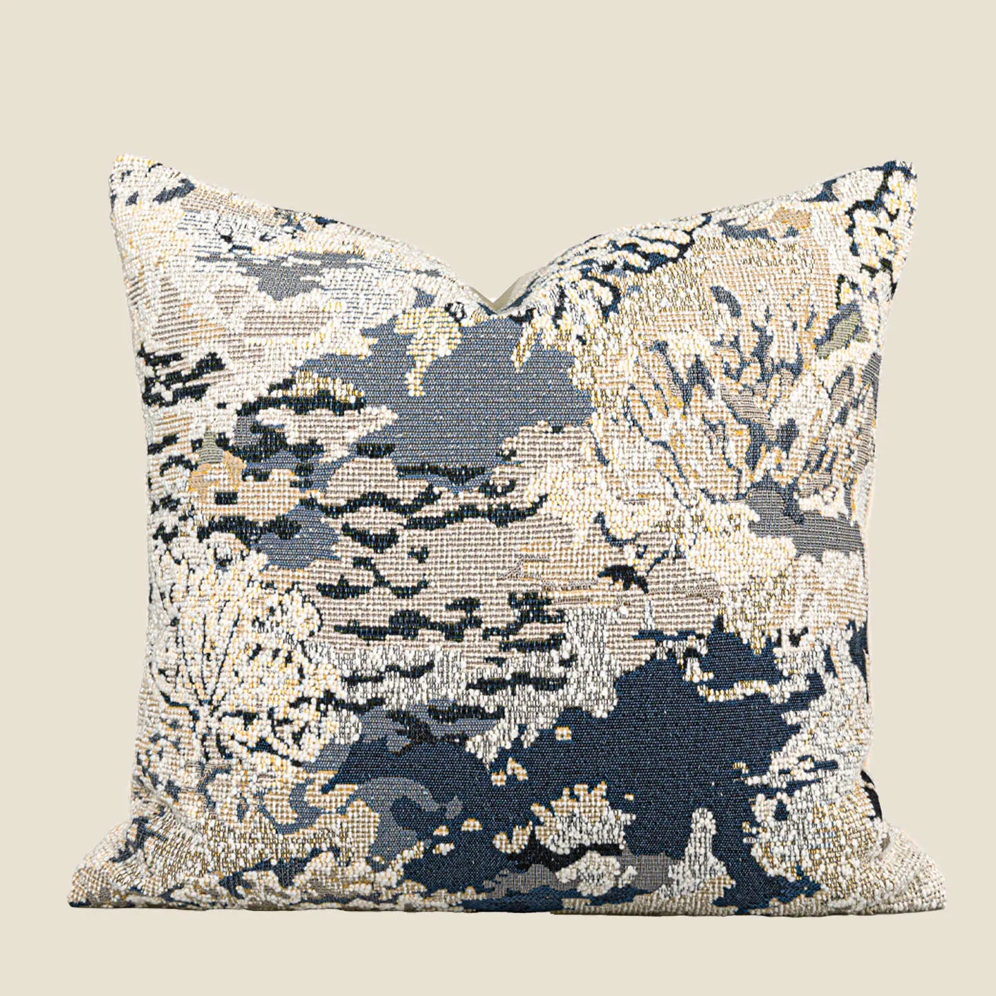Antique blue wool blended decorative pillow with floral pattern in Chinese French artistic style