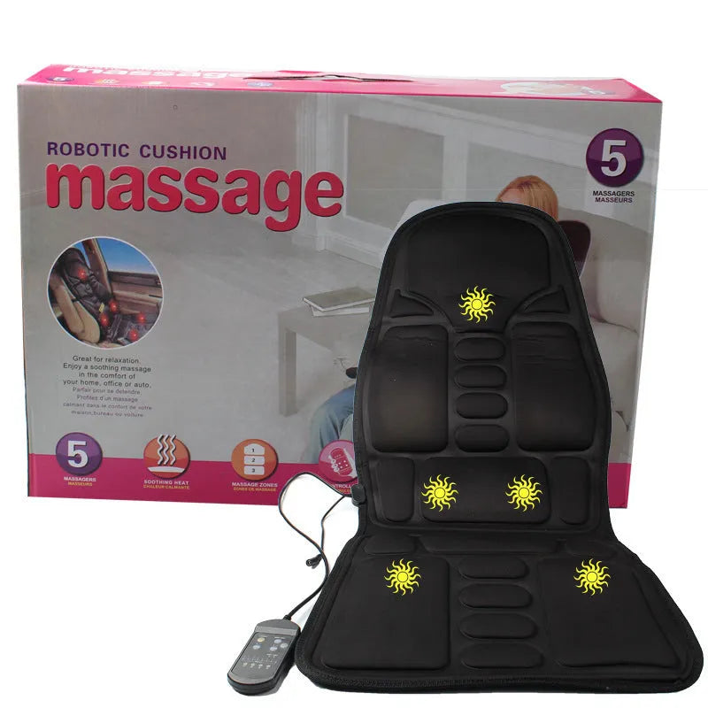 Black infrared heating massage mat with a separate seat cushion on a grey background