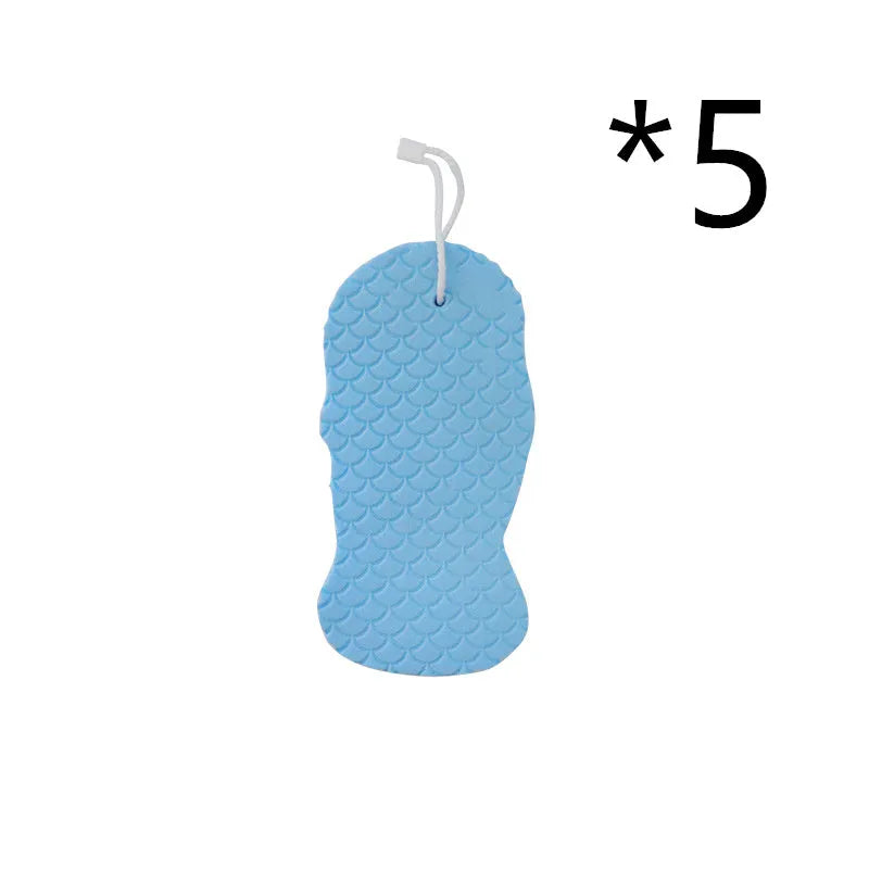 3D fish scale pattern bath sponge in white, grey, pink, or light blue colours for gentle body exfoliation