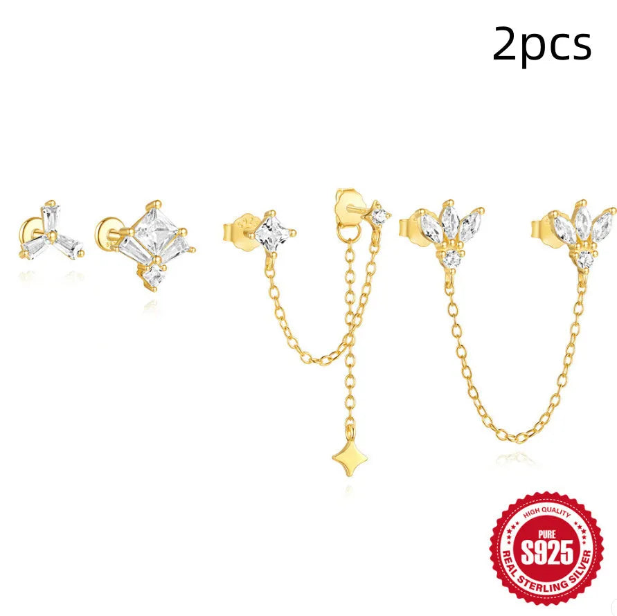 S925 sterling silver double ear piercings chain stud earrings with geometric design and zircon detailing