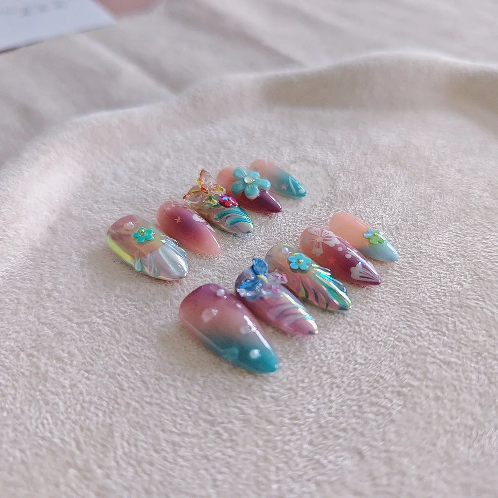 Handmade colourful sculpture manicure set with embossed flower and butterfly designs for gel nail art