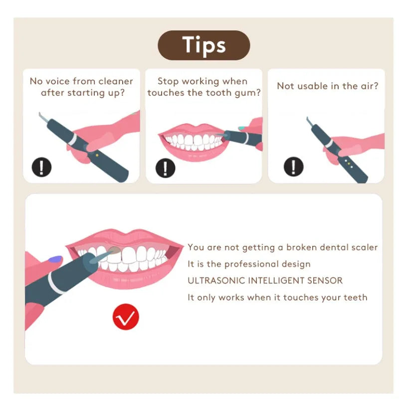 Gold-finish ultrasonic tooth cleaning device for removing tartar and surface stains.