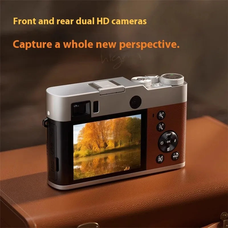 Black and brown 5K HD digital camera with front and rear lenses, optical viewfinder, and 2.88-inch screen