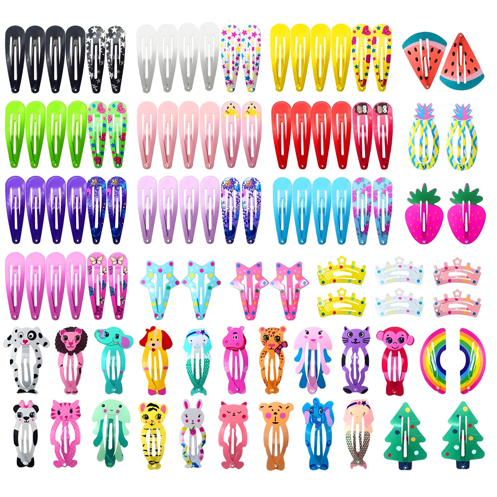 Assorted metal snap hair clips in bright colours showing animal, fruit, crown and star designs