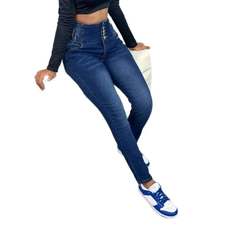 Dark blue women's jeans trousers with breasted straight-leg design and skinny fit street hipster style