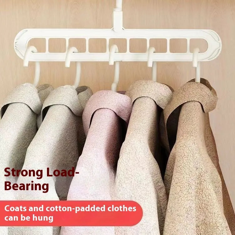 Multifunctional plastic nine-hole folding hanger for trousers, shown in beige, blue, green, pink, and grey colour options.