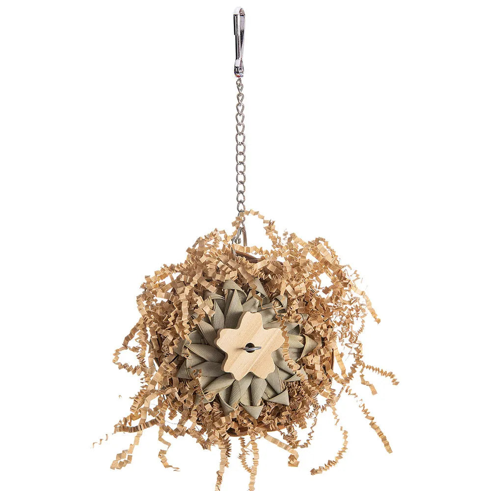 Parrot chewing toy with colourful plastic components and metal hanging chain for cage attachment