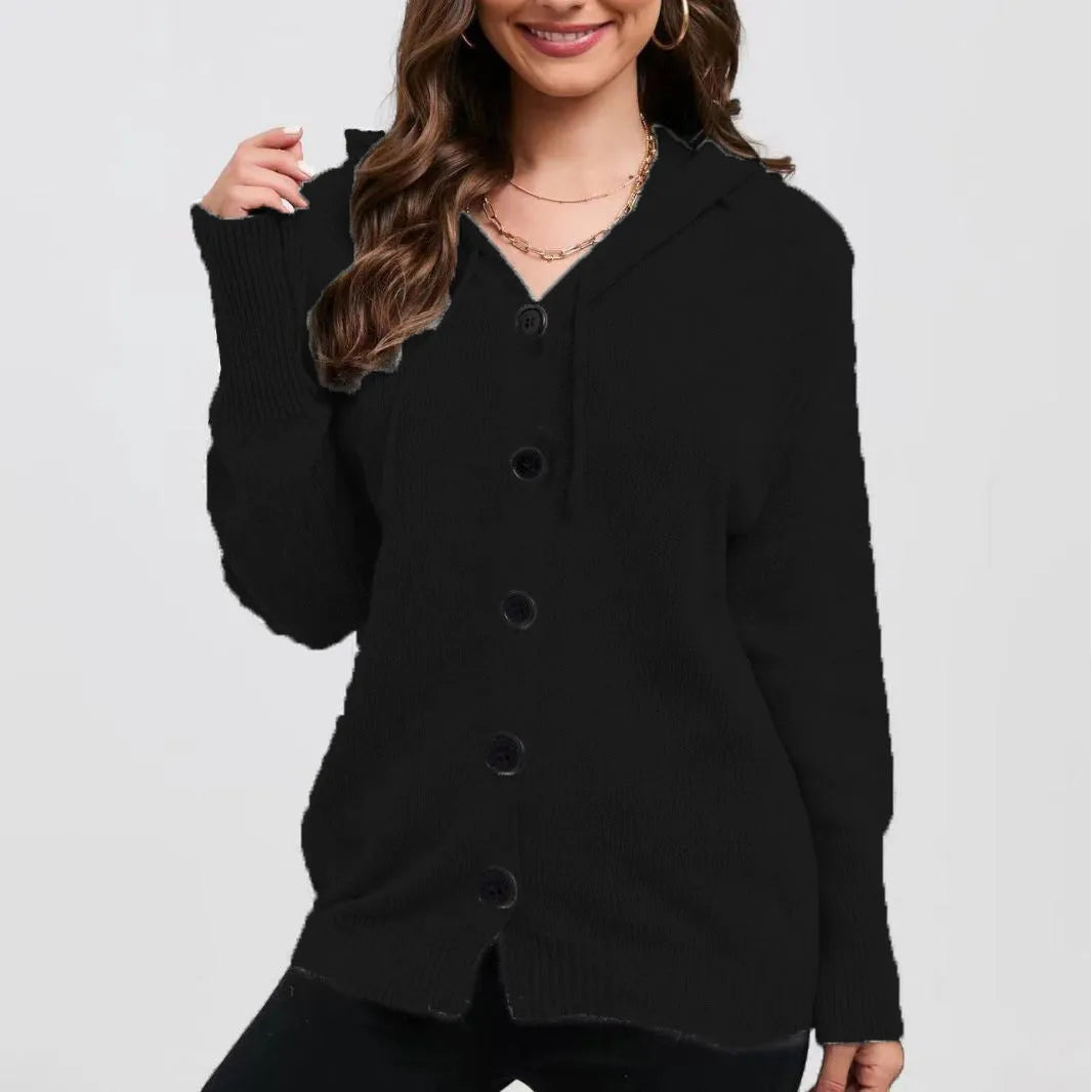 Women's thick cotton hooded cardigan sweater in loose fit solid colour