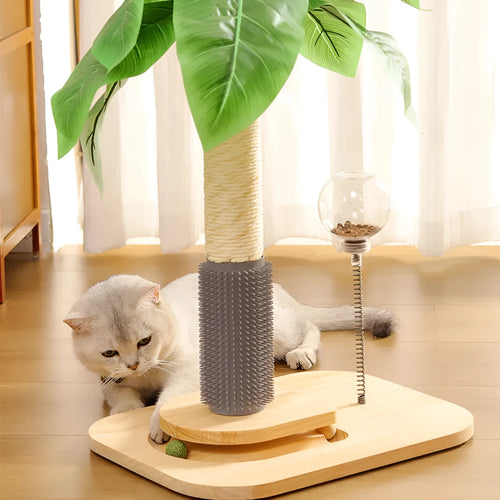 Vertical wooden cat scratching post in canna colour with a grab column top featuring a food drop ball.