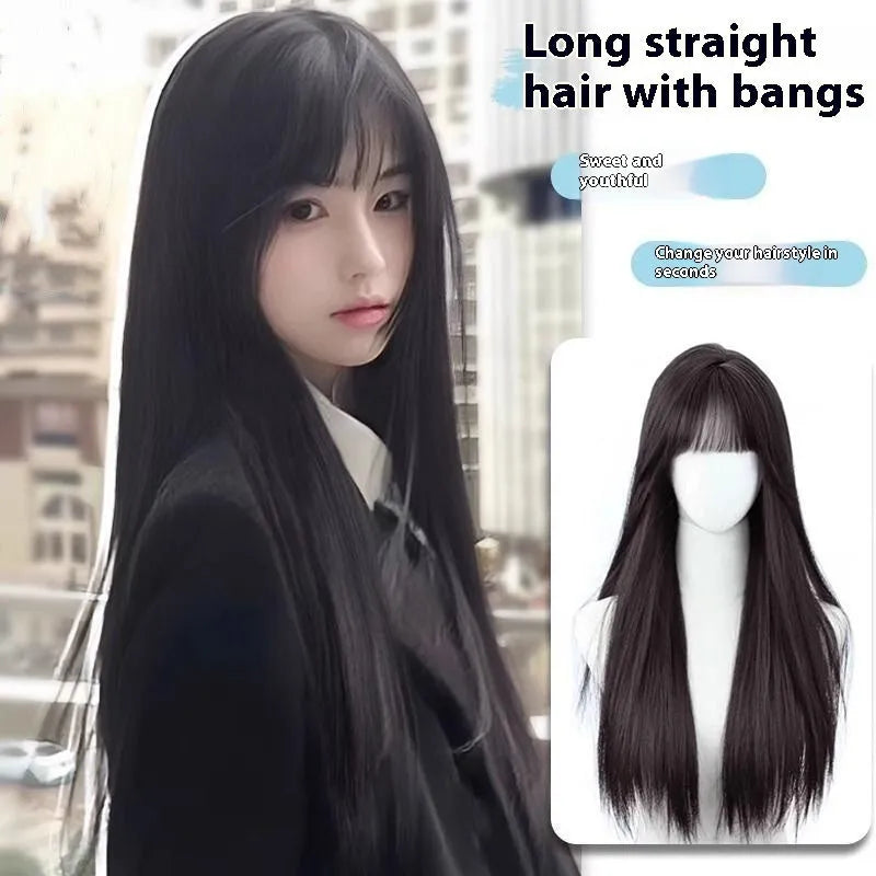 Straight black synthetic wig with bangs for women in brown-black colour