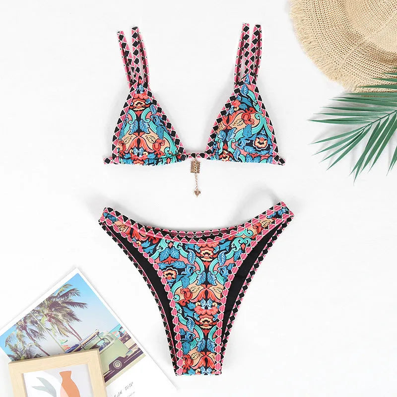 Retro 4-colour printed women's bikini swimwear in polyester fabric