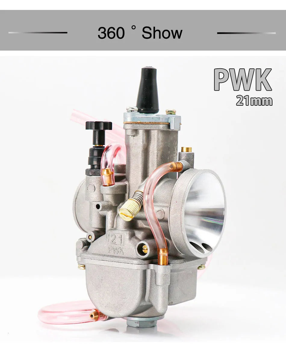 Sandblasted PWK motorcycle carburetor for performance modification, showing bore size options.