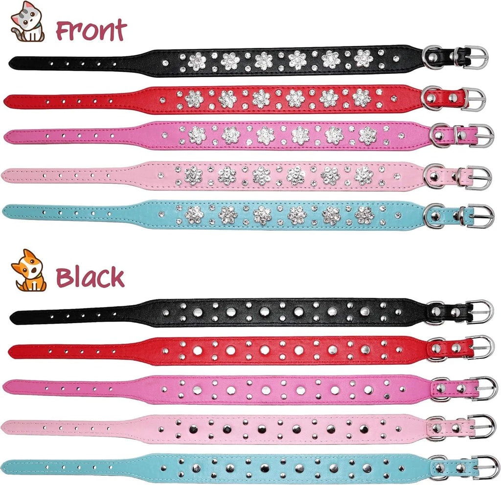 Black PU leather dog collar with rhinestone flowers and metal studs, showing the adjustable eyelets and D-ring.