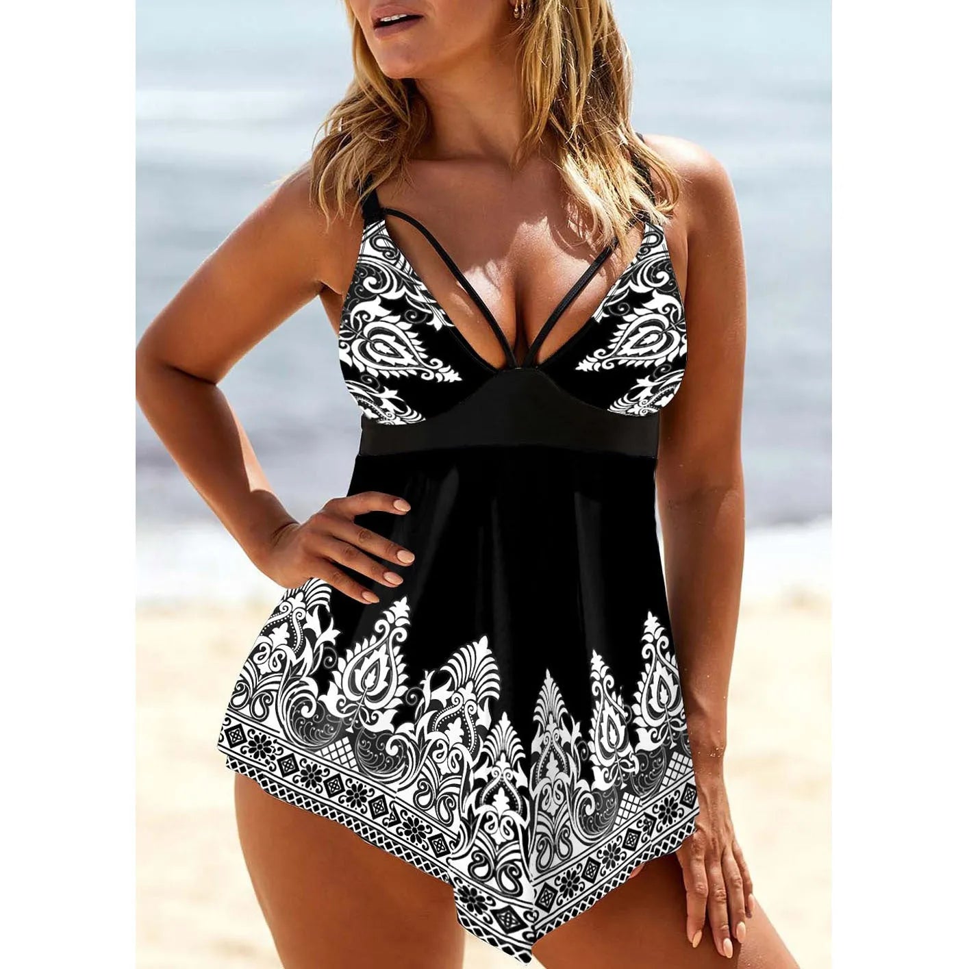 Women's plus size skirt swimsuit with printed straps and deep V neckline in gradient pattern