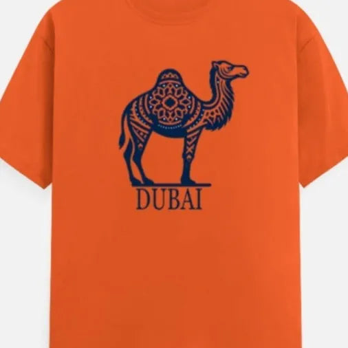 Orange loose-fitting cotton t-shirt with short sleeves and a round neck on a hanger