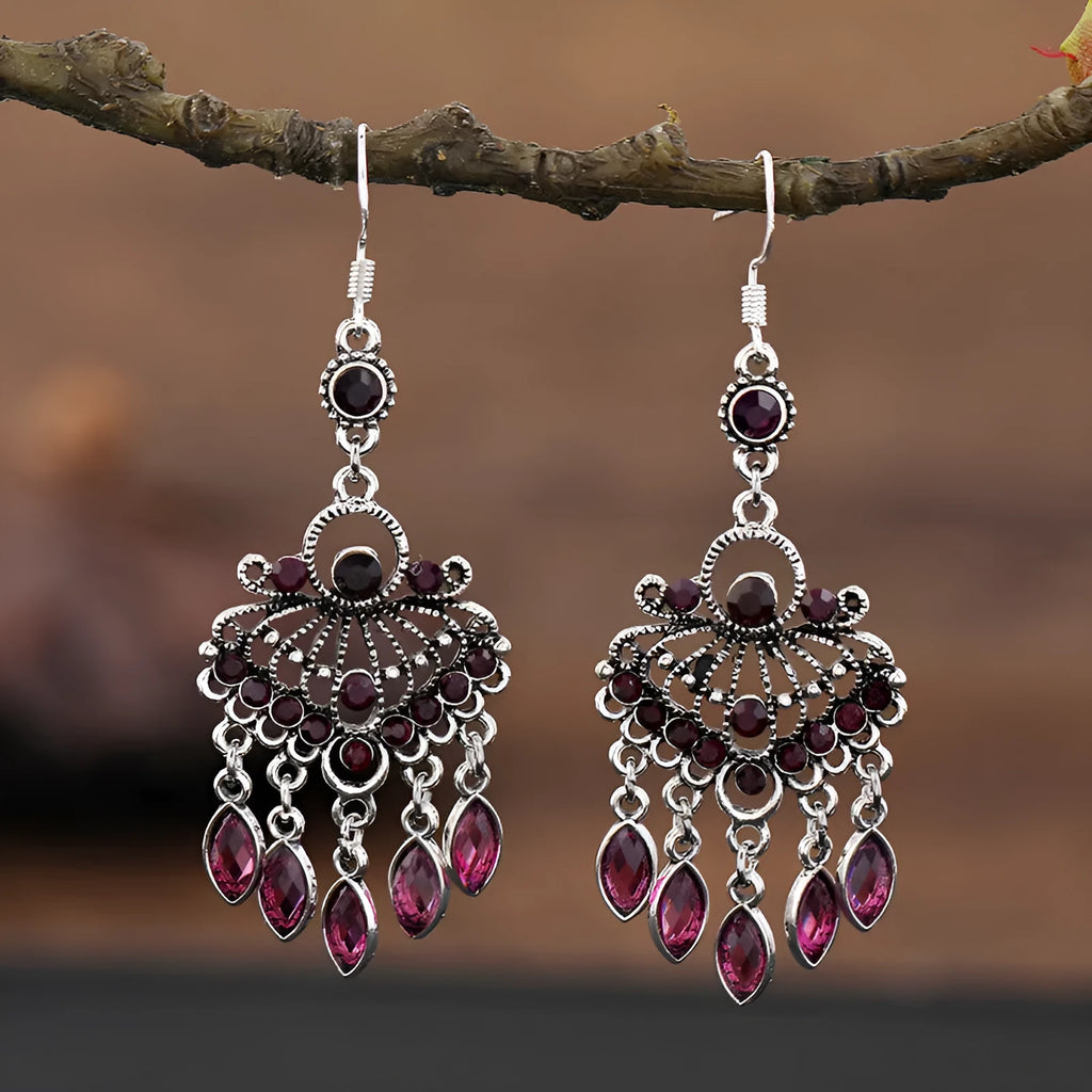 Smart water drop purple retro alloy earrings with long fringe in a drop shape