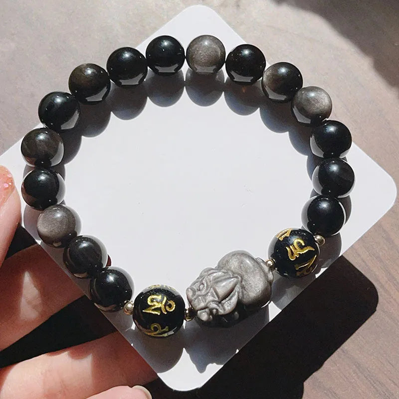 Silver stone men's bracelet with Chinese beaded design and engraved proverbs