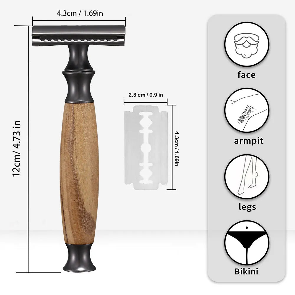Men's copper manual safety razor with olive wood handle and metal shaving blades