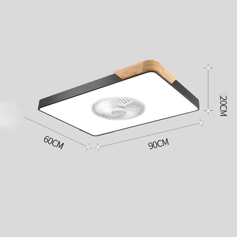 Nordic style ceiling fan with integrated light on a solid wood base, shown in rectangular, round, and square options.