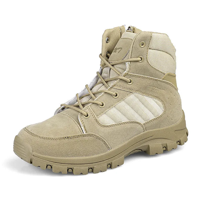Men's black high-top hiking shoes with artificial PU upper and metal details for outdoor travel.