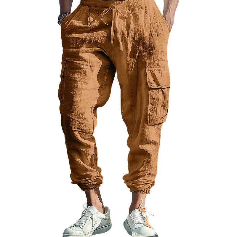 Men's ankle-tied linen casual trousers with multi-pocket tether in loose fit