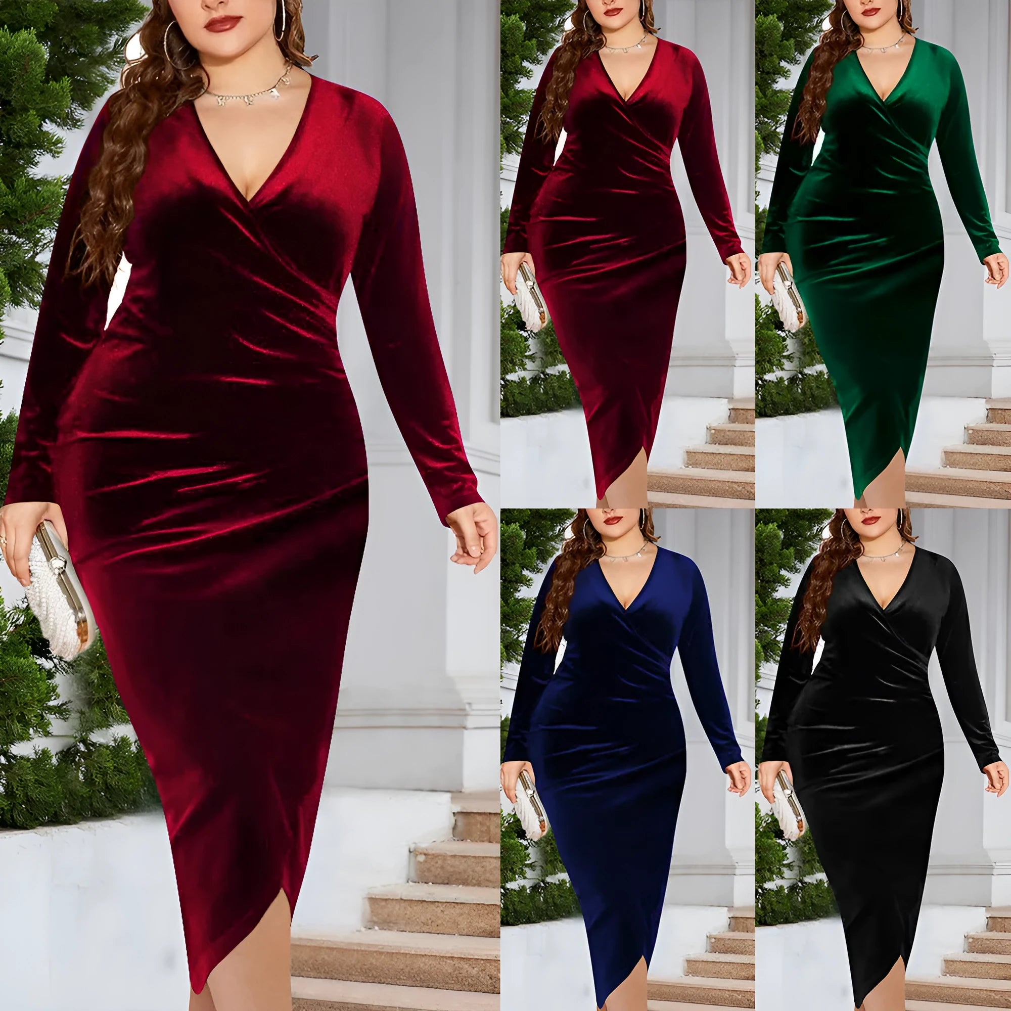 Women's red V-neck long sleeve polyester dress on a hanger, showing the regular sleeve cut.