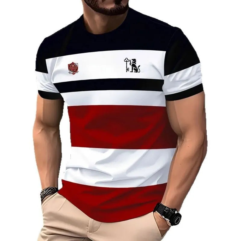 Man wearing a loose-fit short-sleeved T-shirt with a digital 3D printed stripe pattern in a casual setting.