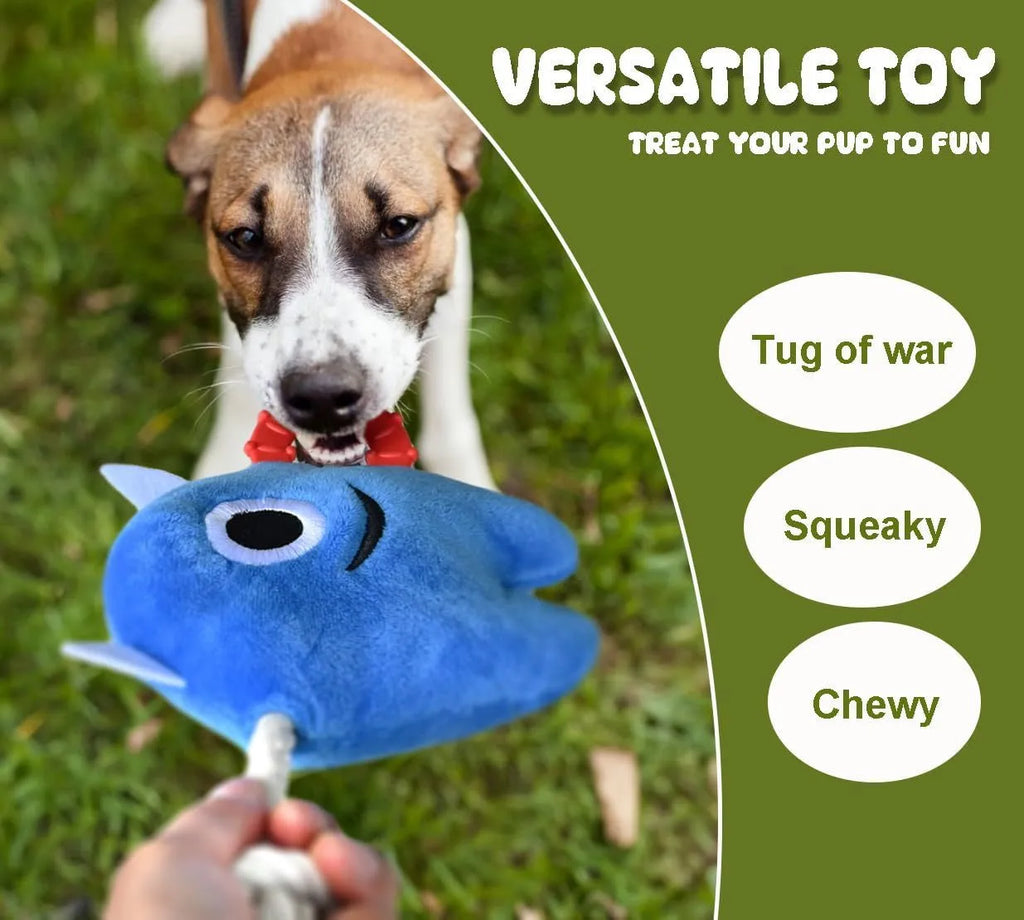 Blue and green plush dog toy with cotton rope sections and squeaker for chewing and tug-of-war